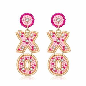 Pink Beaded XO Heart Drop Earrings – Valentine Statement Dangle Earrings